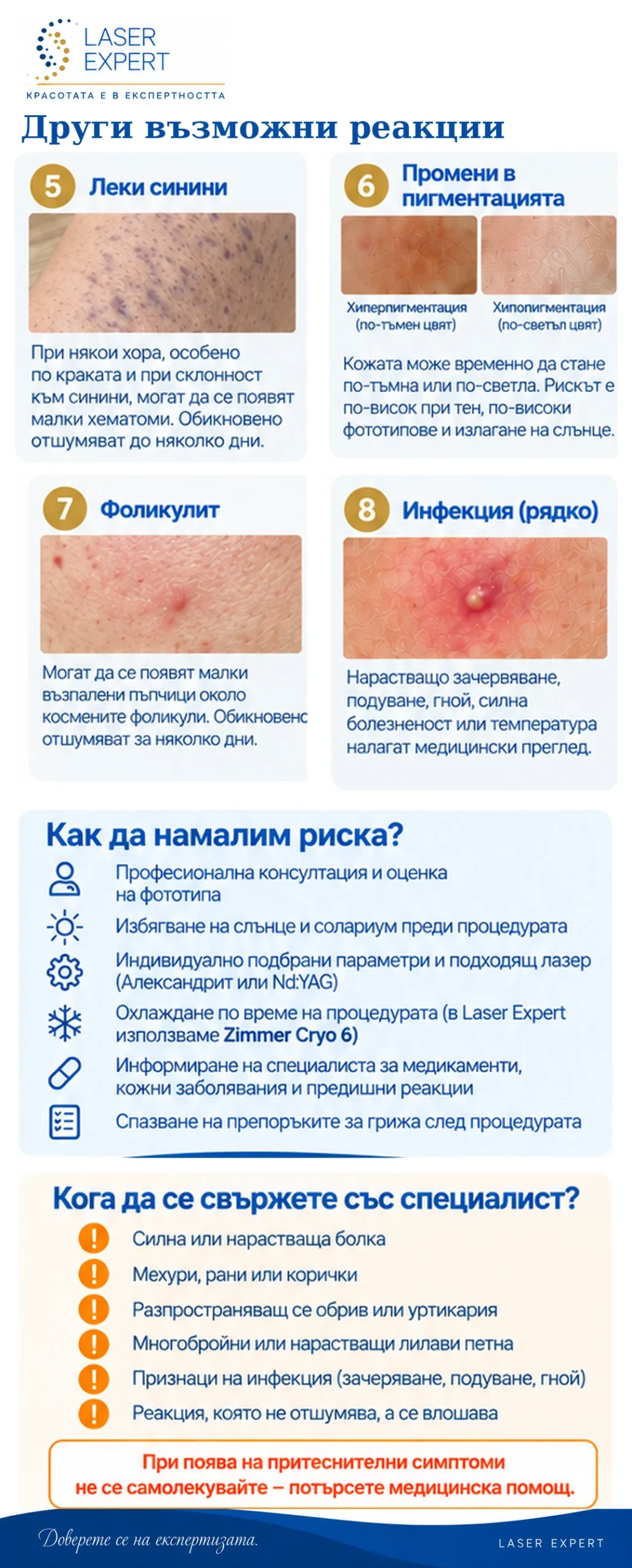Нежелани реакции при лазерна епилация – синини, промени в пигментацията, фоликулит, инфекция и кога да потърсим специалист